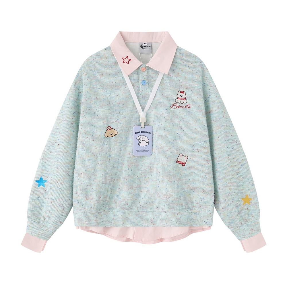 Cute Pastel Sweater with Embroidered Patches